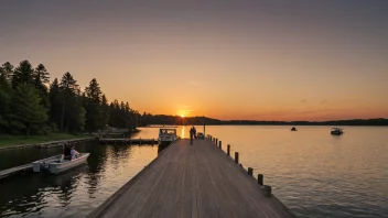 En brygge med en båt og folk som går langs den, med en vakker solnedgang i bakgrunnen.