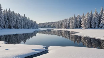 Et fredelig vinterlandskap med snødekte trær og en frossen innsjø.