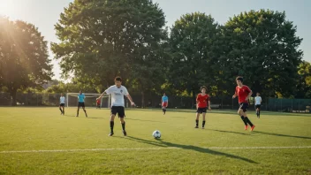 En gruppe mennesker som spiller fotball på en gressbane.