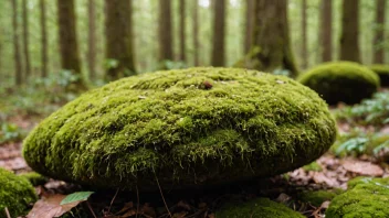 En mose-dekket stein i en skog, med mosen voksende tett og dekkende hele overflaten.