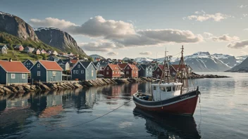 En fiskebåt seiler på det norske havet, med en fiskeby i bakgrunnen.