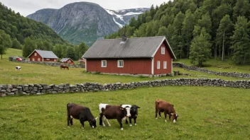 En tradisjonell norsk gård med et rødt trehus og et grønt tak.