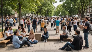 En gruppe mennesker fra ulike bakgrunner og aldersgrupper samlet i et offentlig rom, hvor de interagerer og sosialiserer med hverandre.