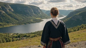 En person i tradisjonell setesdølkledning, med en naturskjønn utsikt over dalen i bakgrunnen.