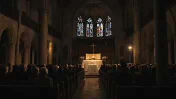 En midnattsgudstjeneste i en kirke, med fokus på den åndelige og fredelige atmosfæren.