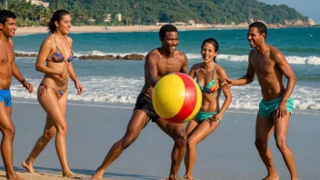 Et levende bilde av mennesker som spiller sambafotball på en strand i Brasil.