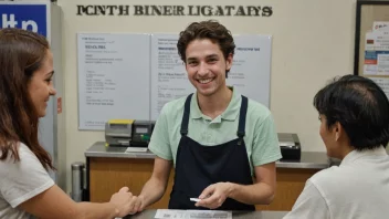 En billettselger på en billettluka med et vennlig smil