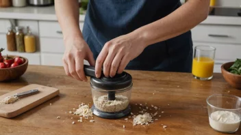 En person som bruker en blender eller matprosessor til å knuse eller blande mat i små biter.