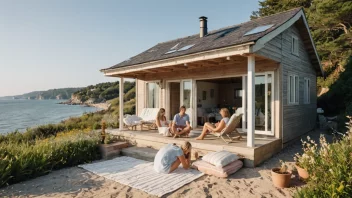 Et sommerhus med tre-eksteriør og rød tak, omgitt av trær og en hage. En familie sitter på verandaen og nyter sommerferien.