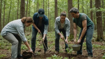 En gruppe mennesker i en skog, som arbeider sammen for å fremme bærekraftig skogbruk.