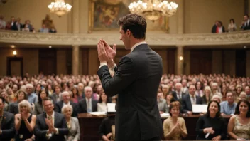 En person står på et podium og holder en tale med ros og anerkjennelse til noen. Publikum i bakgrunnen er varmt og støttende, med mennesker som smiler og applauderer.