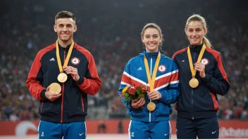 En person som står på et podium med en bronsemedalje rundt halsen, og to andre personer som står på hver side med gull- og sølvmedaljer.