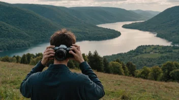 En person tar et bilde med et kamera, med et naturskjønt landskap i bakgrunnen.