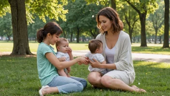 En lykkelig ung mor som leker med sine små barn i en park på en solfylt dag