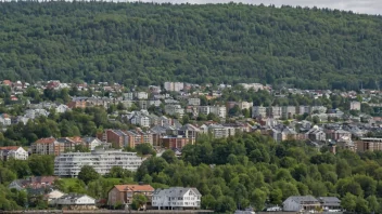 Flyfoto av en forstadsbebyggelse med hus og leiligheter.