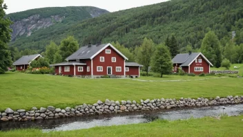 En tradisjonell norsk gård med en stor hage.