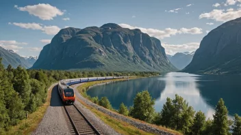 Nordlandsbanen i Norge, med et tog som passerer gjennom et naturskjønt landskap.