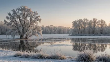 Et vinterlandskap med frostdekte trær og en frossen innsjø i bakgrunnen.