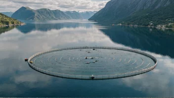 En fiskefarm i Norge, med fisk som svømmer i vannet og et naturskjønt landskap i bakgrunnen.