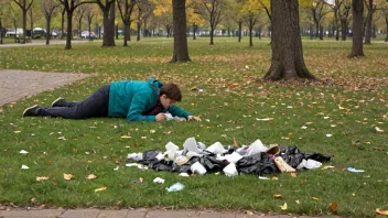 En person vises å kaste søppel i en park, med søppel spredt rundt dem, og illustrerer handlingen å gjøre noe skittent eller forurenset.