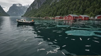 En norsk fiskeoppdrett med fisk som svømmer i burene og en båt i bakgrunnen.