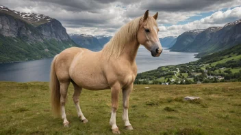 En norsk fjordhest i en grønn eng med et fjellrikt bakgrunn.