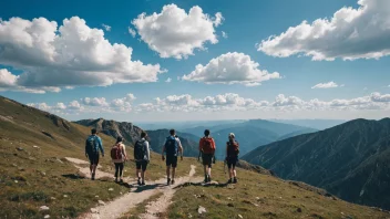 En fredelig landskap av mennesker som vandrer i fjellet, som representerer målet om å fremme friluftslivet og å knytte mennesker til naturen.