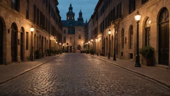 En sjarmerende gate med rik historie, omgitt av gamle bygninger og ornamentale detaljer.