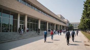 En skole i sentrum, omgitt av butikker og restauranter.