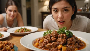 En deilig og appetittvekkende rett på et bord, med en person i bakgrunnen som ser sulten og ivrig etter å spise.