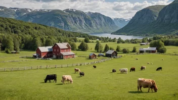 Et idyllisk norsk gardsbruk med en tradisjonell gård og låve, omgitt av rullende åser og marker med kveg som beiter i det fjerne.