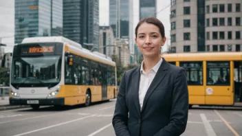 En person i en lederstilling, stående foran en trikk eller buss, med en bybakgrunn.