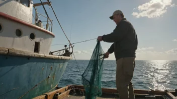 En person i fiskeindustri-uniform, stående på dekket av en tråler, med et fiskegarn og havet i bakgrunnen