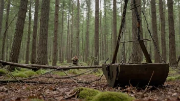 En felle i en skog, med en jeger i bakgrunnen.