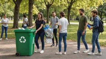 Folk som samler inn resirkulerbare flasker og bokser i en park.