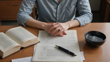 En student i germanistikk sitter ved et skrivebord med bøker og papirer.