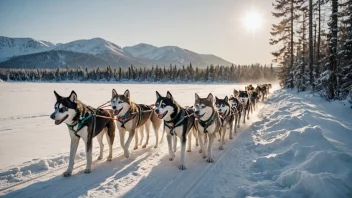 En gruppe glade sledhunder som drar en sled med en musher i et vinterlandskap