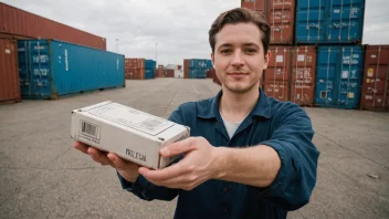 En person som holder et bruktt produkt med en shippingcontainer i bakgrunnen, illustrerer konseptet å importere brukte varer