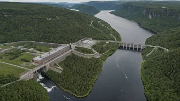 Flyfoto av en norsk elv med en demning og et kraftverk i bakgrunnen