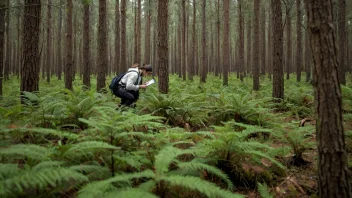 En forsker i en skog, som samler inn data eller prøver.