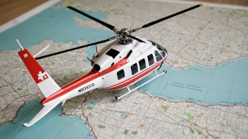 En illustrasjon av en medisinsk transport helikopter med et kart i bakgrunnen, som representerer en strategisk plan for medisinsk transport og nødhjelp.