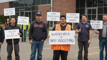 En gruppe arbeidere som streiker, holder plakater og protesterer utenfor en fabrikk eller kontorbygning.