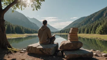 En person sitter i et fredelig miljø, omgitt av bøker, som symboliserer åndelig vekst og selvrefleksjon.