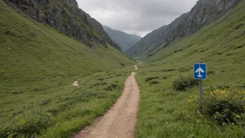 En svingete vei gjennom et fjellområde med en tydelig sti og skilting, som indikerer en gjennomgangsvei.