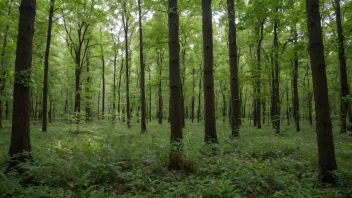 En skog med en blanding av bartre og løvtrær, omgitt av en lysning.