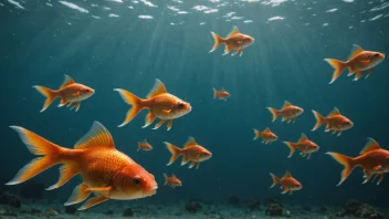 En gullfisk som svømmer i havet, med en skole andre gullfisker i bakgrunnen.