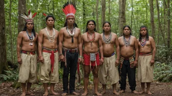 En gruppe urfolk fra Nord- og Sør-Amerika, kledd i tradisjonelle klær, som står sammen i en skog.