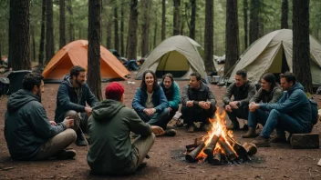 En gruppe mennesker som sitter rundt et bål i en skog, med telt og campingutstyr i bakgrunnen.