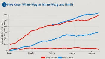 En graf som viser minimumslønns grense, med en rød linje som indikerer minimumslønnen og en blå linje som viser gjennomsnittslønnen.