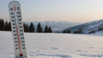 Et termometer som viser en temperatur under 0 grader Celsius, med et vinterlandskap i bakgrunnen.